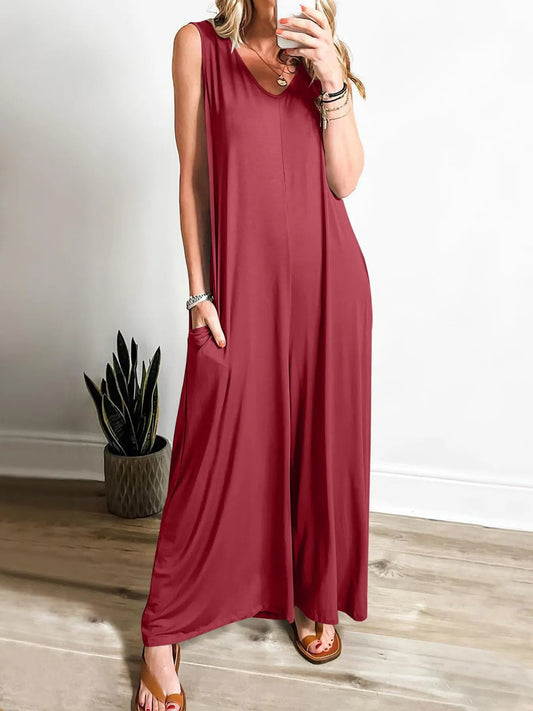 Sleeveless V - Neck Jumpsuit with Pockets - Goddess Vibes