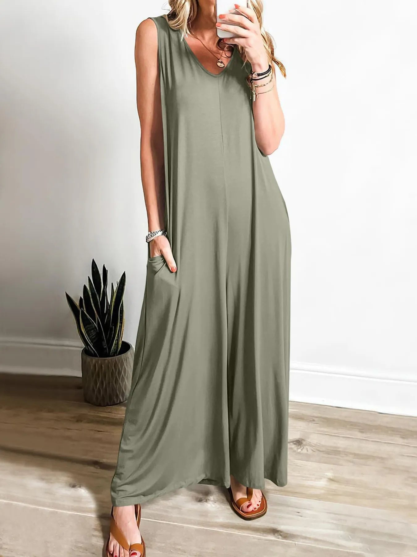 Crowned Energy CO. Light Green / S Trendsi Jumpsuit Sleeveless V-Neck Jumpsuit with Pockets