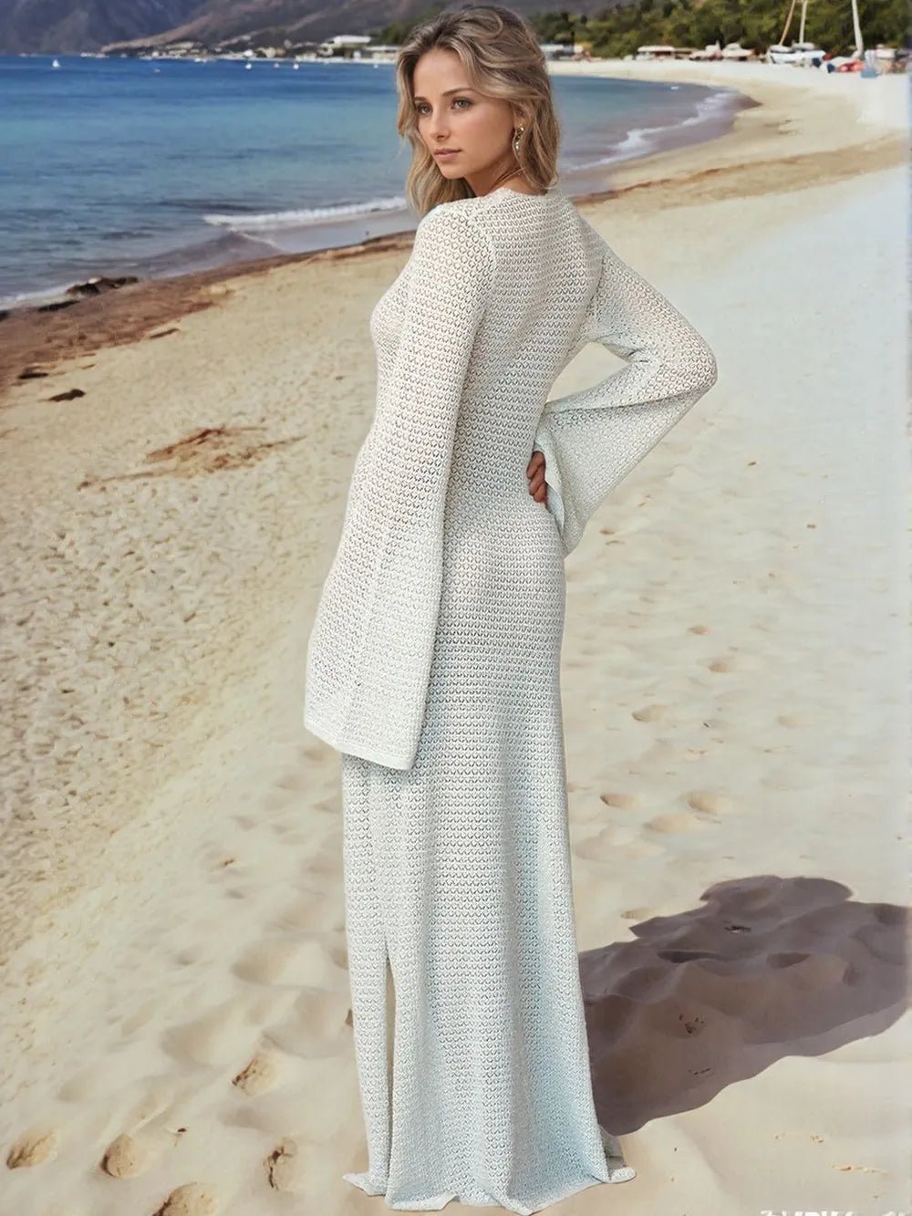 Crowned Energy CO. White / S Trendsi swim wear Slit Plunge Flare Sleeve Cover-Up Dress