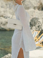 Crowned Energy CO. White / S Trendsi swim wear Slit Plunge Flare Sleeve Cover-Up Dress