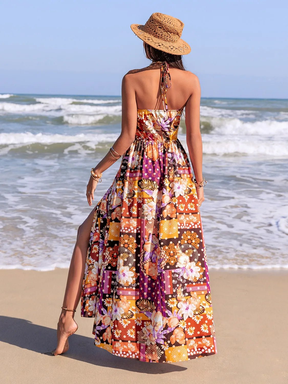 Crowned Energy CO. Multicolor / S Trendsi Dresses Slit Printed Halter Neck Cami Dress
