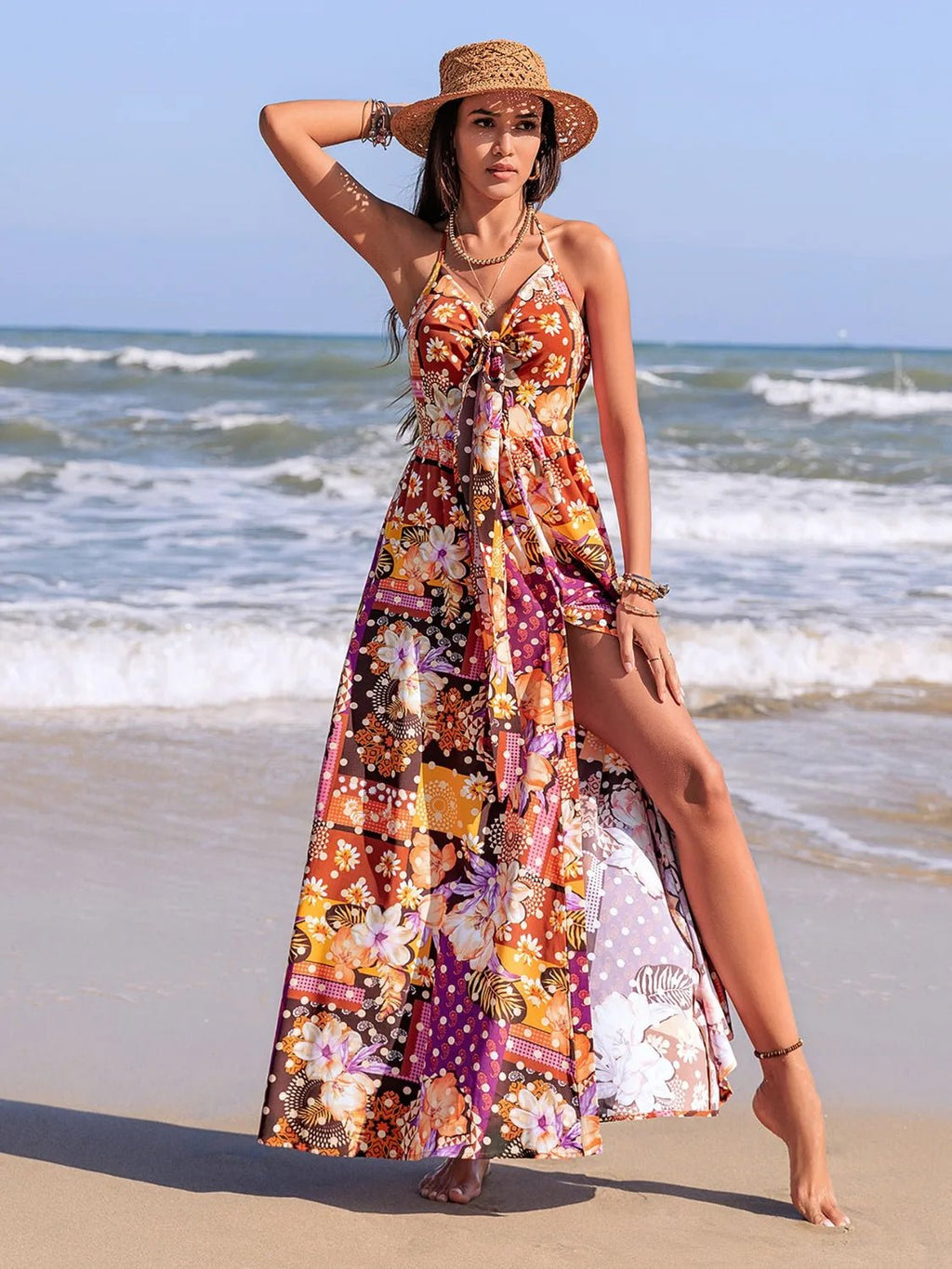 Crowned Energy CO. Multicolor / S Trendsi Dresses Slit Printed Halter Neck Cami Dress