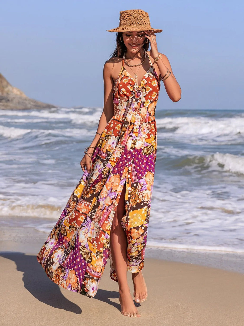 Crowned Energy CO. Multicolor / S Trendsi Dresses Slit Printed Halter Neck Cami Dress