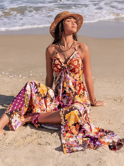Slit Printed Halter Neck Cami Dress - Goddess Vibes