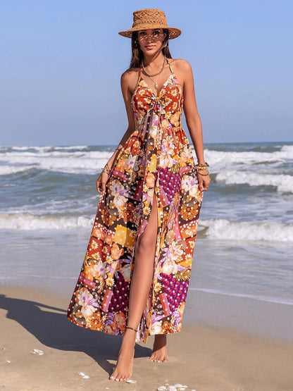 Slit Printed Halter Neck Cami Dress - Goddess Vibes