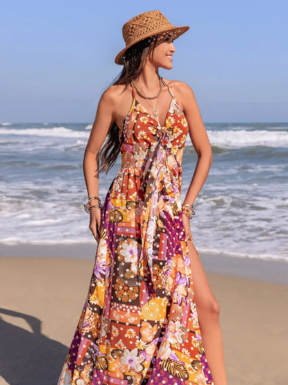 Slit Printed Halter Neck Cami Dress - Goddess Vibes