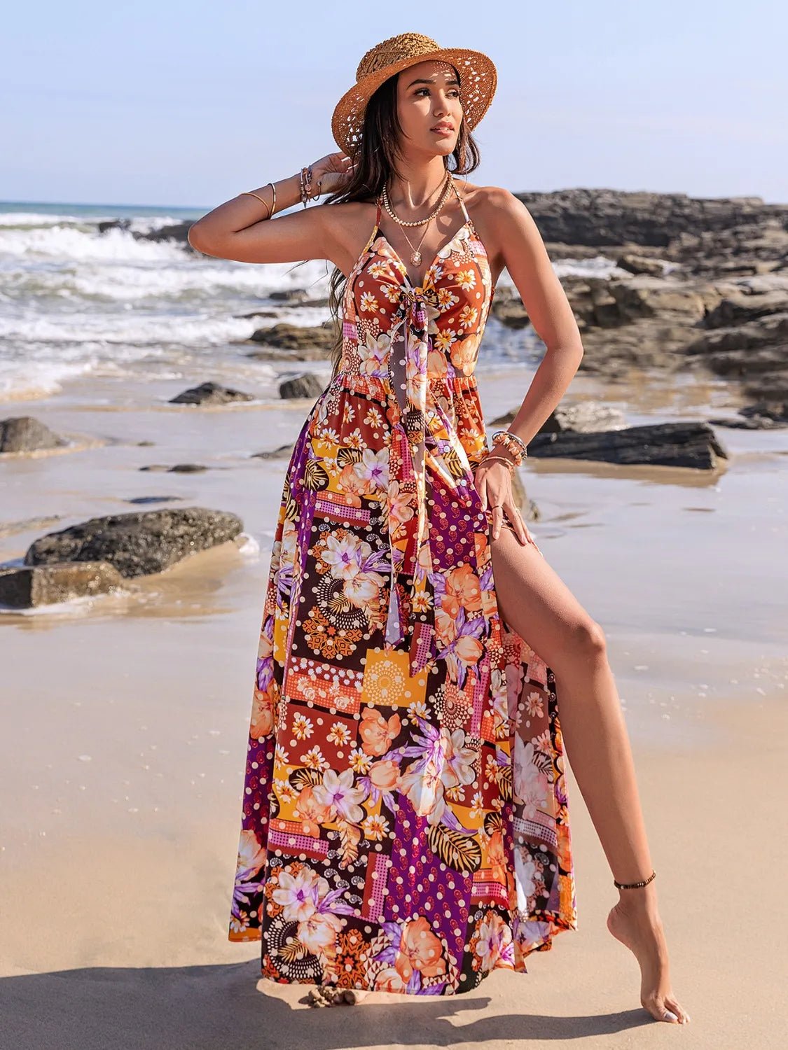 Slit Printed Halter Neck Cami Dress - Goddess Vibes