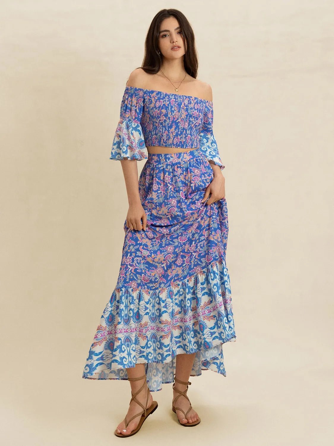 Crowned Energy CO. Blue Purple / S Trendsi OUTFIT SET Smocked Off-Shoulder Printed Top and Skirt Set