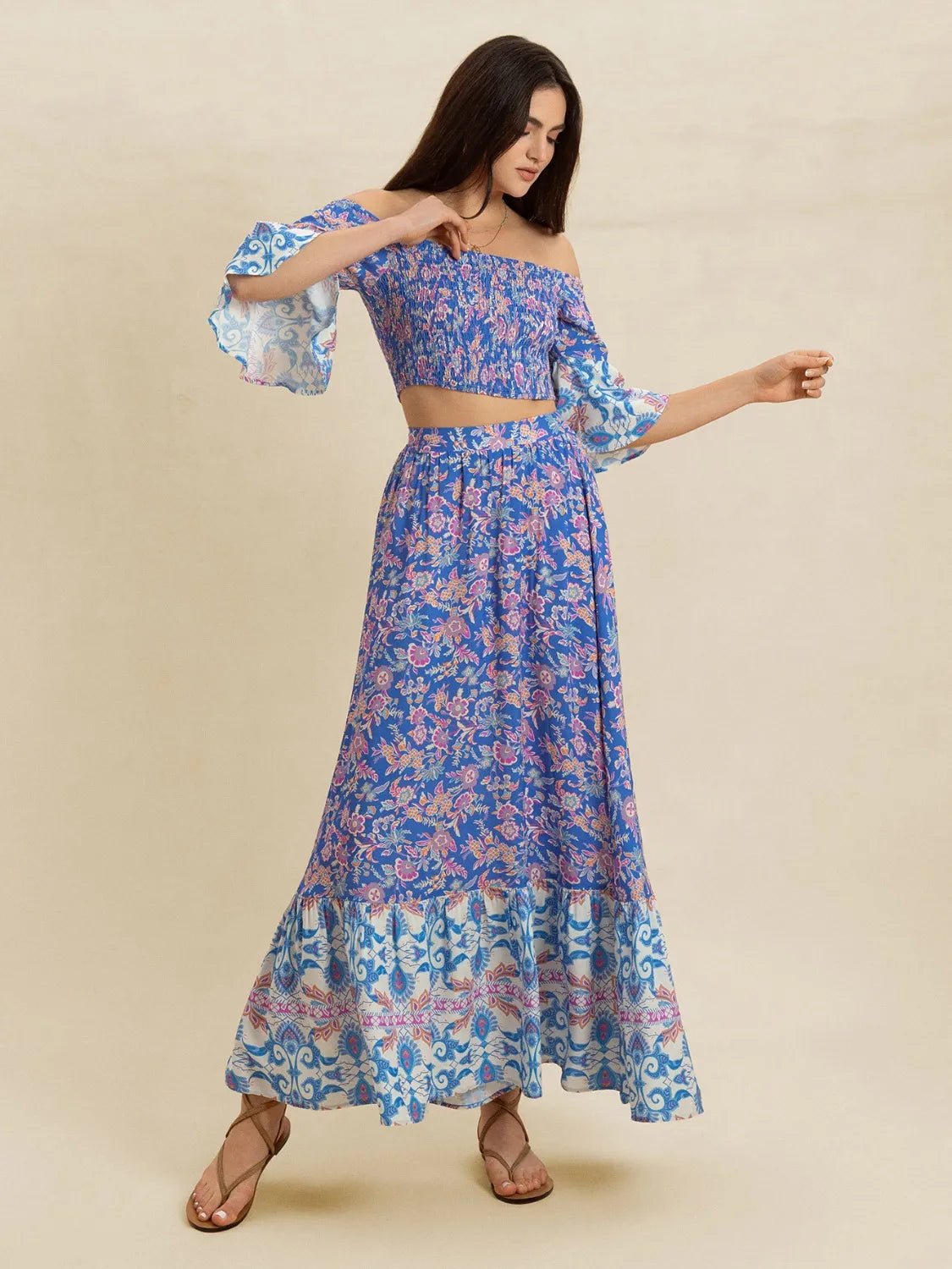 Smocked Off - Shoulder Printed Top and Skirt Set - Goddess Vibes