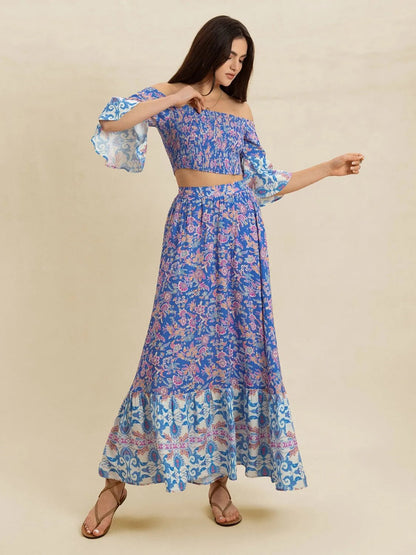 Smocked Off - Shoulder Printed Top and Skirt Set - Goddess Vibes