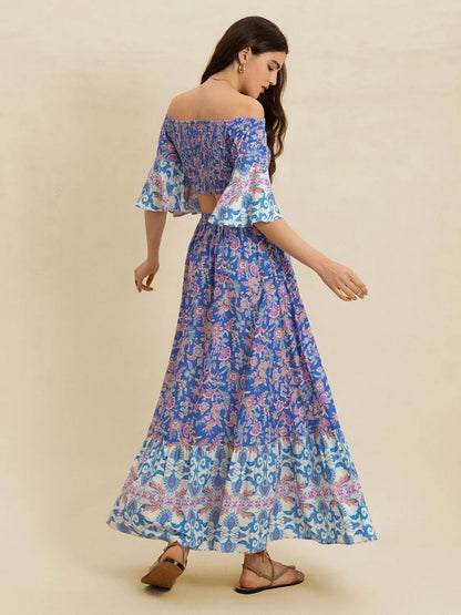 Smocked Off - Shoulder Printed Top and Skirt Set - Goddess Vibes