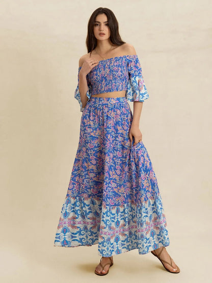 Smocked Off - Shoulder Printed Top and Skirt Set - Goddess Vibes