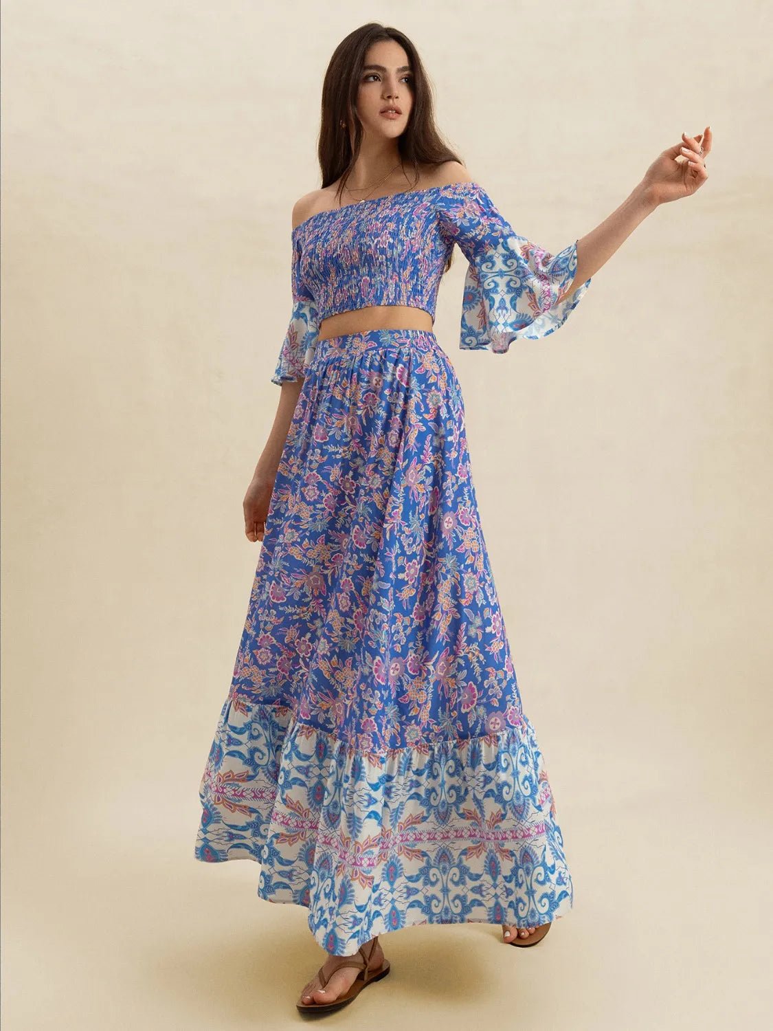 Smocked Off - Shoulder Printed Top and Skirt Set - Goddess Vibes
