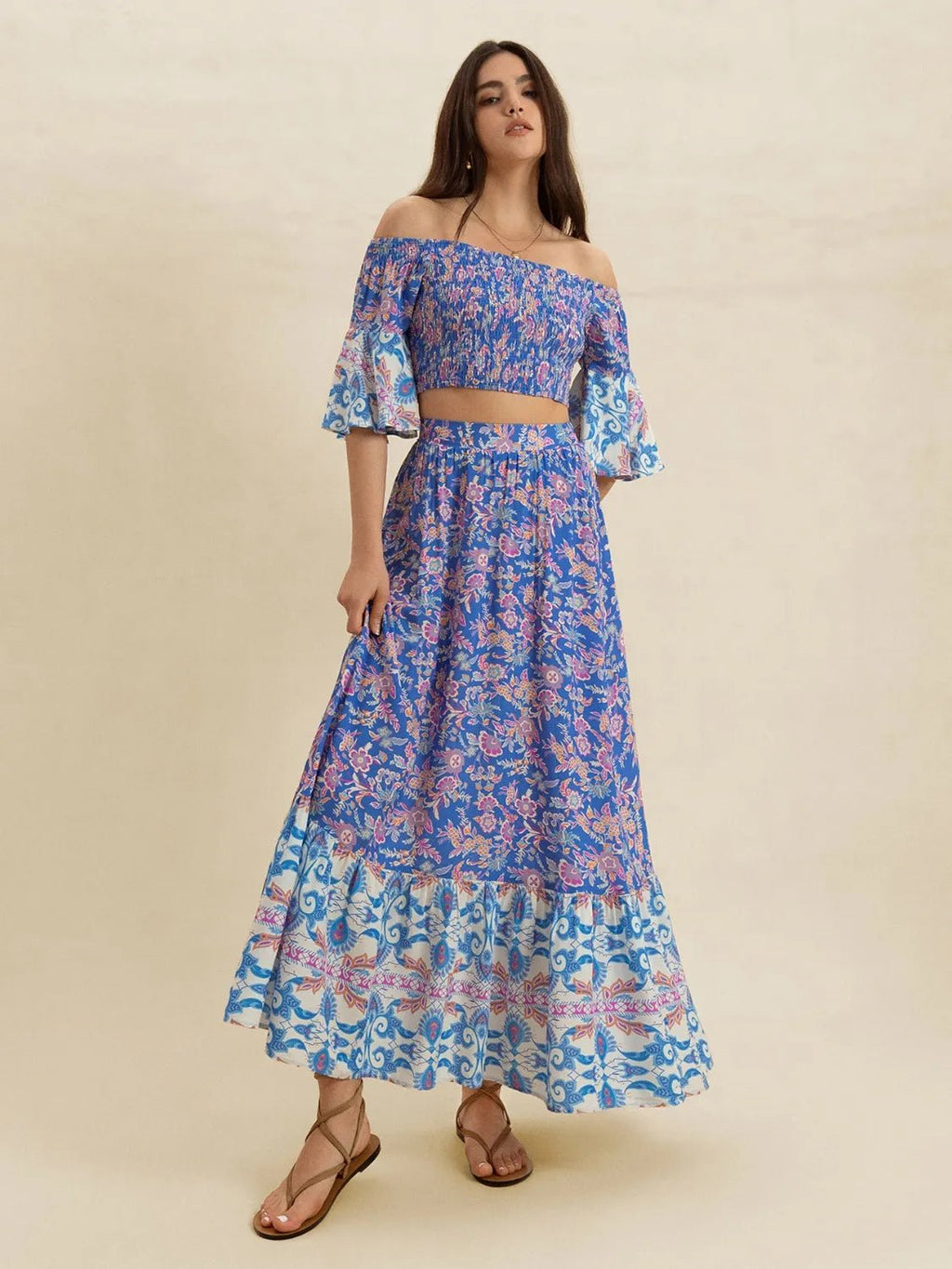 Crowned Energy CO. Blue Purple / S Trendsi OUTFIT SET Smocked Off-Shoulder Printed Top and Skirt Set