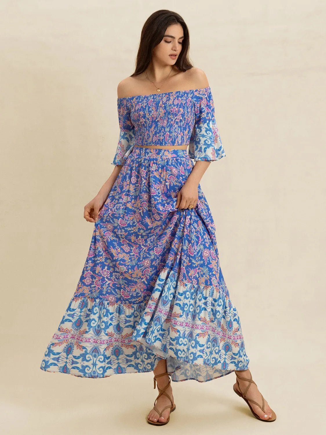 Crowned Energy CO. Blue Purple / S Trendsi OUTFIT SET Smocked Off-Shoulder Printed Top and Skirt Set