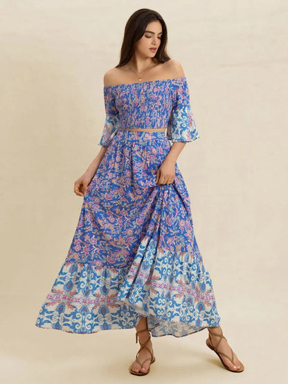 Smocked Off - Shoulder Printed Top and Skirt Set - Goddess Vibes