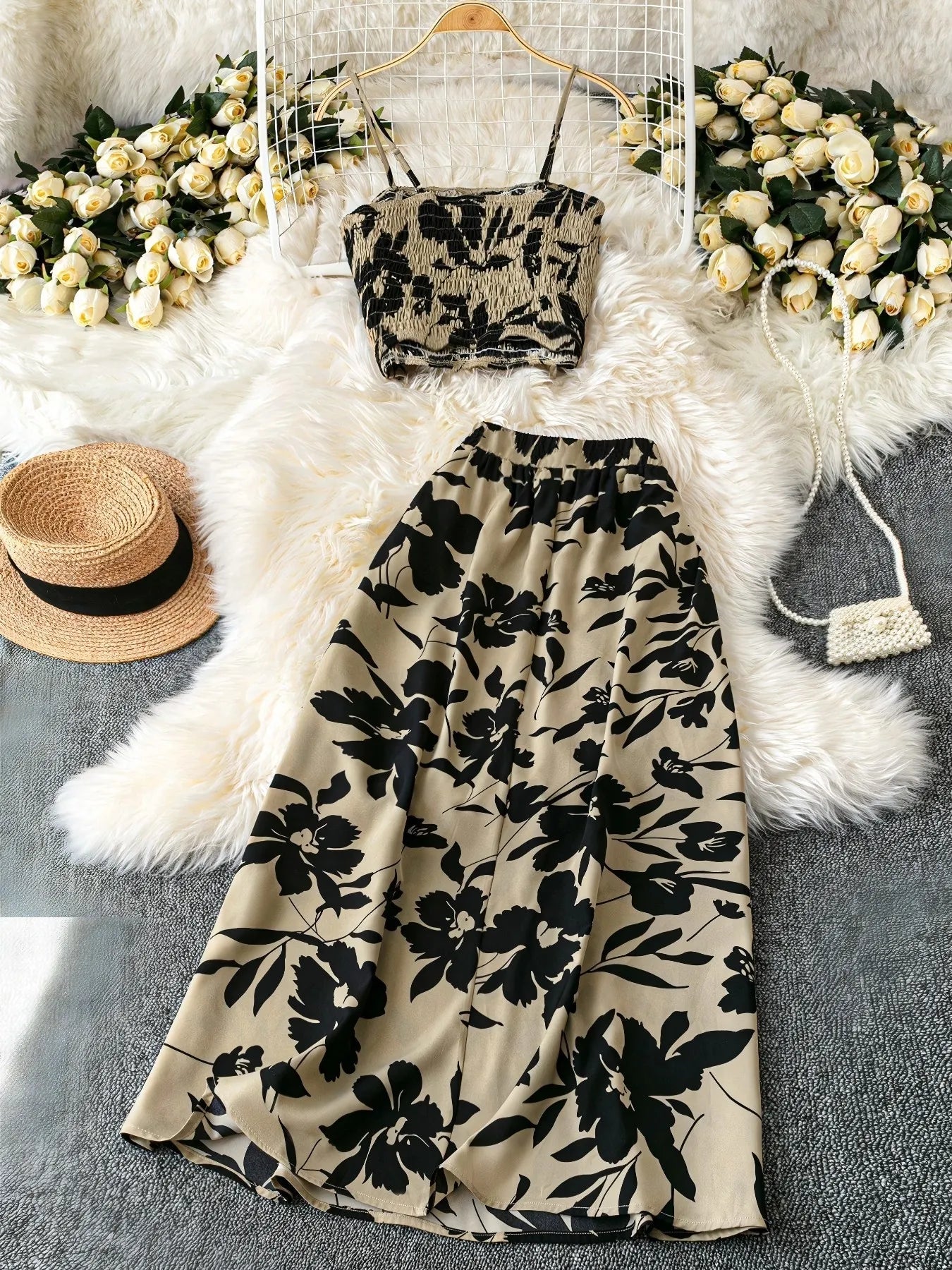 Crowned Energy CO. Olive / S Trendsi OUTFIT SET Smocked Printed Cami and Skirt Set