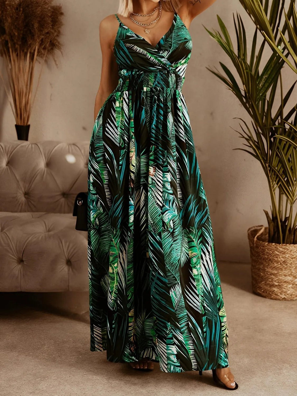 Smocked Printed Surplice Maxi Cami Dress - Crowned Energy CO.