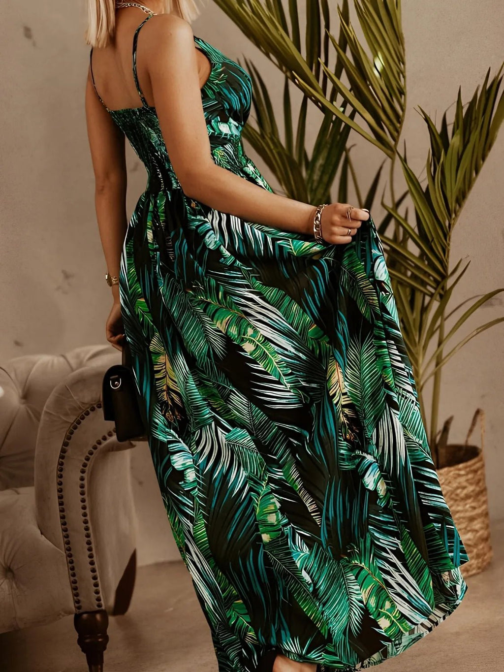 Smocked Printed Surplice Maxi Cami Dress - Crowned Energy CO.