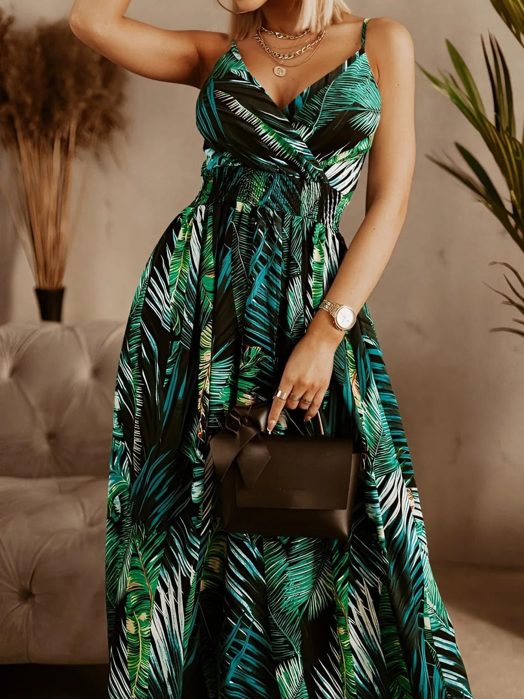 Smocked Printed Surplice Maxi Cami Dress - Crowned Energy CO.
