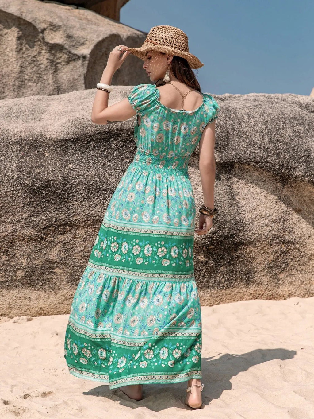 Crowned Energy CO. Green / S Trendsi Dresses Smocked Printed V-Neck Dress