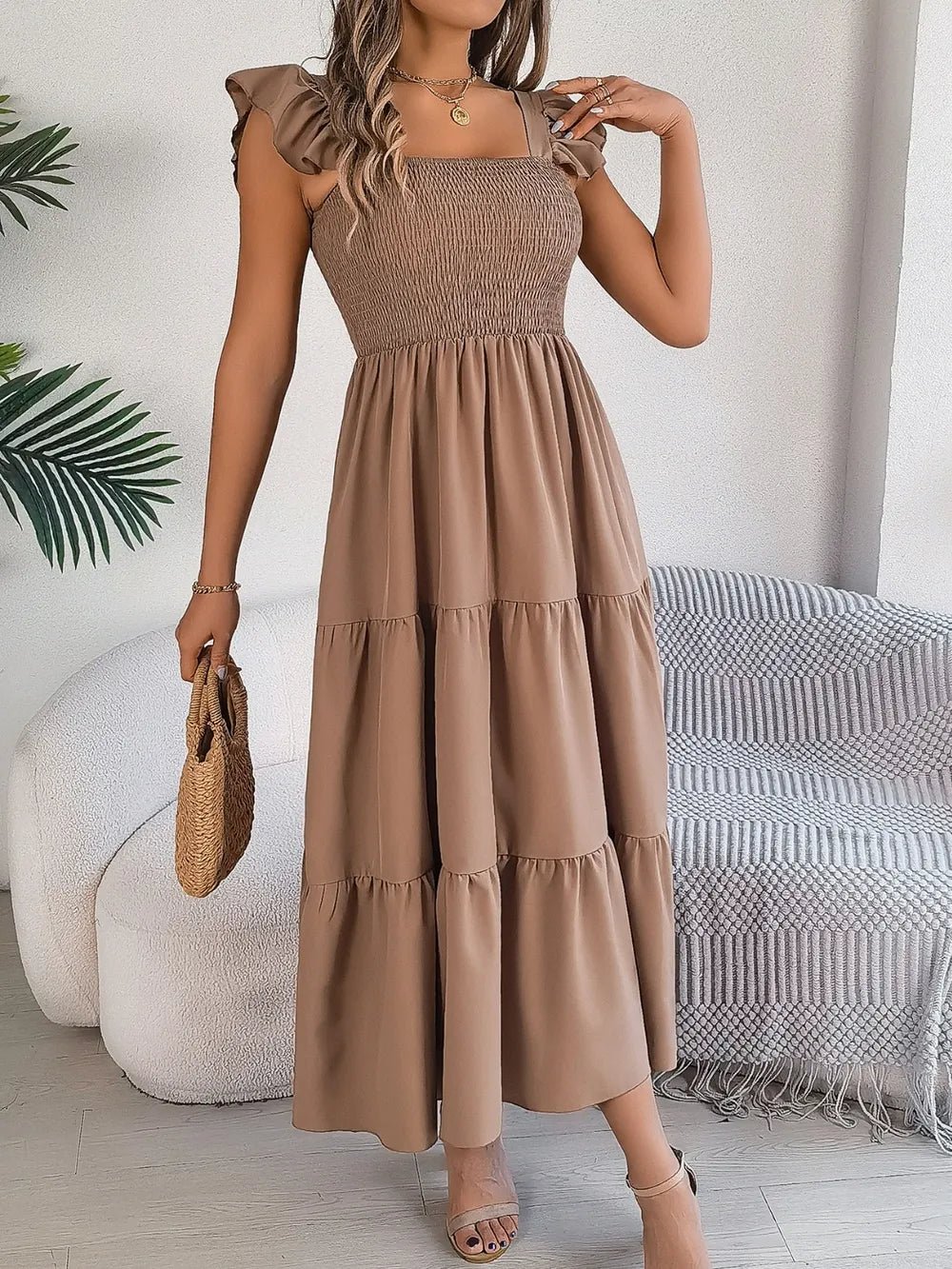 Smocked Square Neck Cap Sleeve Midi Dress - Crowned Energy CO.