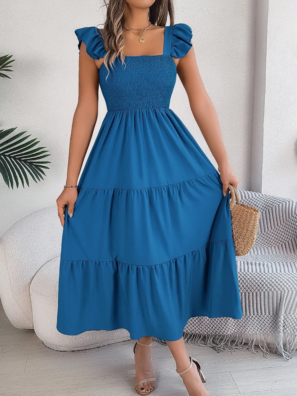 Smocked Square Neck Cap Sleeve Midi Dress - Crowned Energy CO.