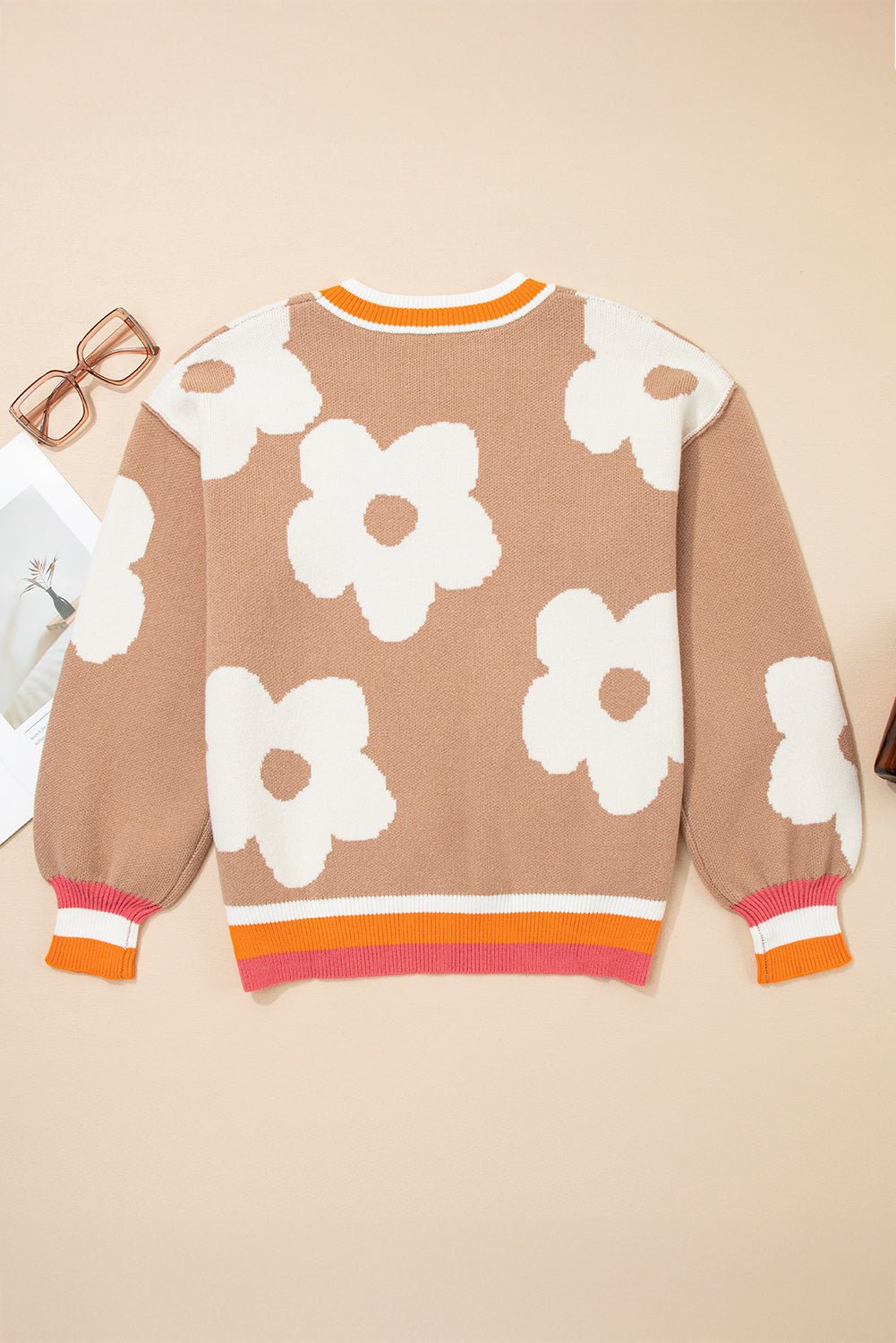 Crowned Energy CO. Smoke Gray / S / 52%Viscose+26%Polyester+22%Polyamide Dear-Lover Dropshipping Sweaters & Cardigans/Sweaters Smoke Gray Big Flower Pattern Contrast Striped Baggy Sweater