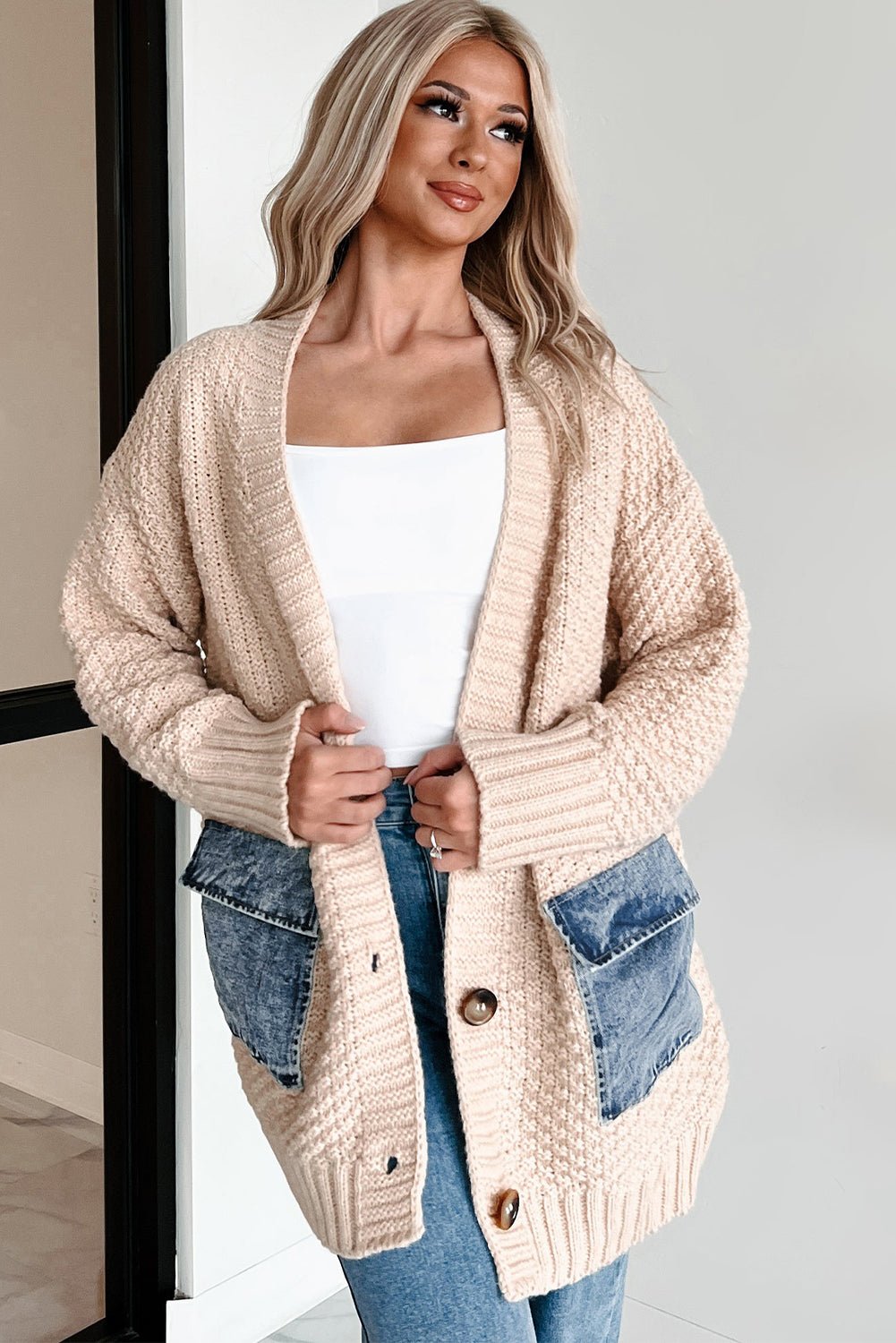 Smoke Gray Open Front Knitted Denim Pocket Patchwork Cardigan - Crowned Energy CO.