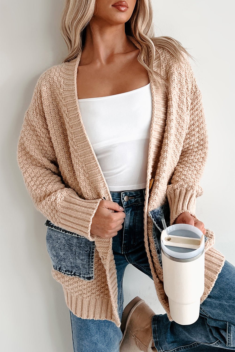 Smoke Gray Open Front Knitted Denim Pocket Patchwork Cardigan - Crowned Energy CO.