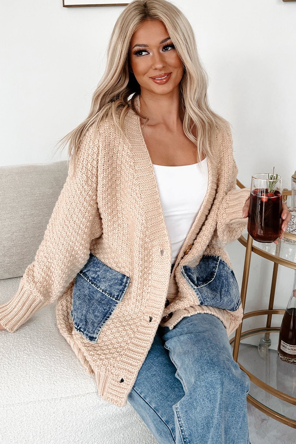 Smoke Gray Open Front Knitted Denim Pocket Patchwork Cardigan - Crowned Energy CO.