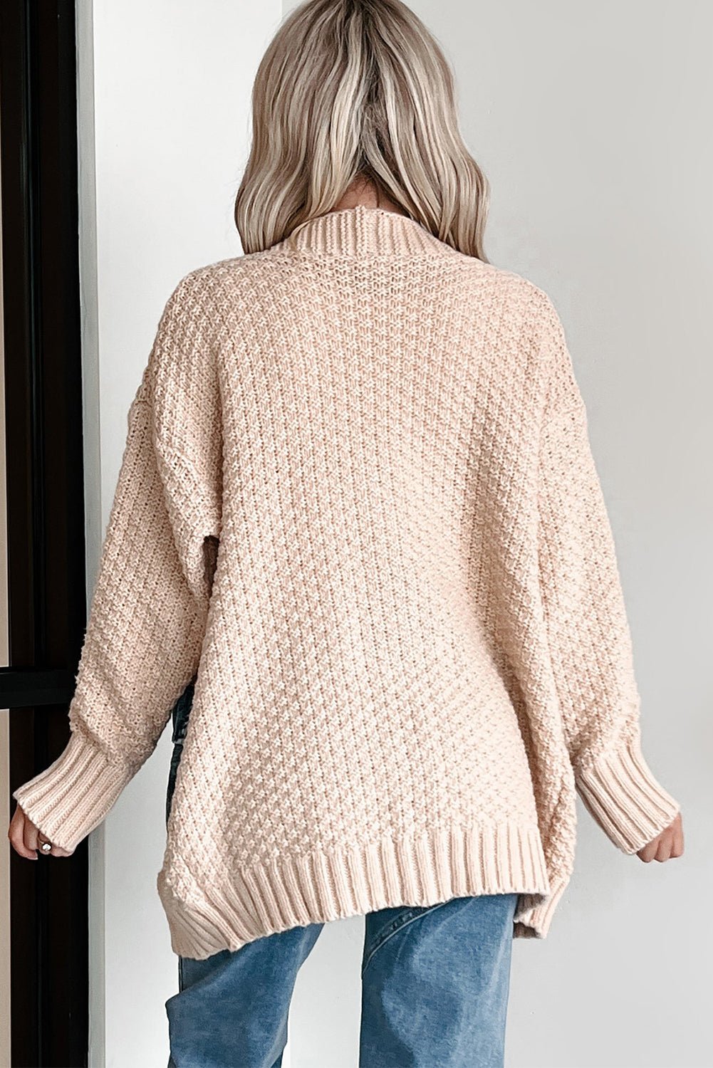 Smoke Gray Open Front Knitted Denim Pocket Patchwork Cardigan - Crowned Energy CO.