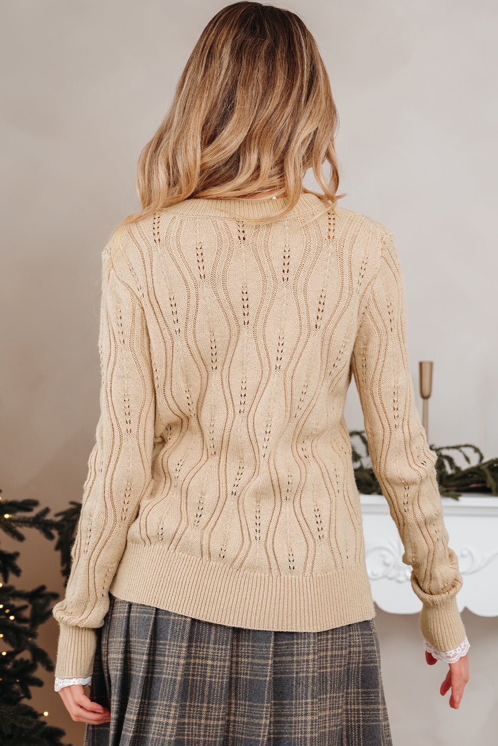 Smoke Gray Pearl Beaded Pointelle Knit V Neck Lace Patchwork Sleeve Sweater - Crowned Energy CO.
