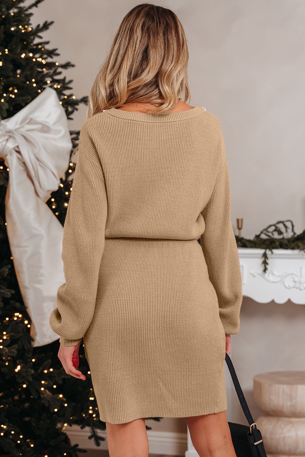 Smoke Gray Pearl Embellished Keyhole Ribbed Sweater Dress - Crowned Energy CO.