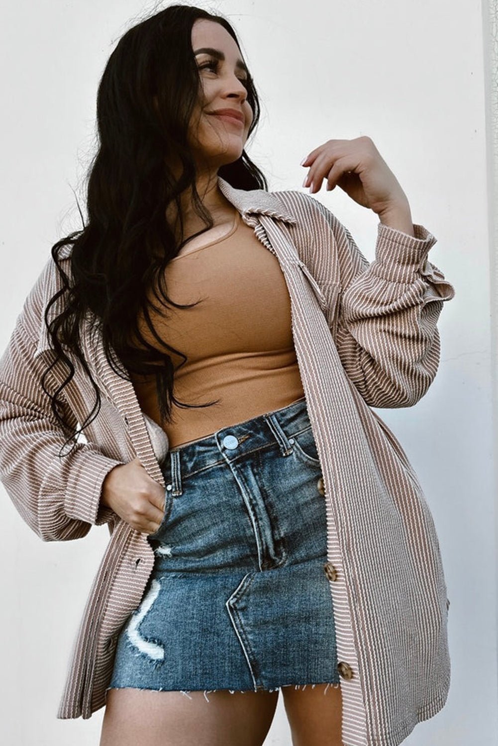 Crowned Energy CO. Smoke Gray / 1X / 75%Polyester+20%Viscose+5%Elastane Dear-Lover Dropshipping Plus Size/Plus Size Outerwear Smoke Gray Solid Corded Drop Shoulder Plus Size Shacket