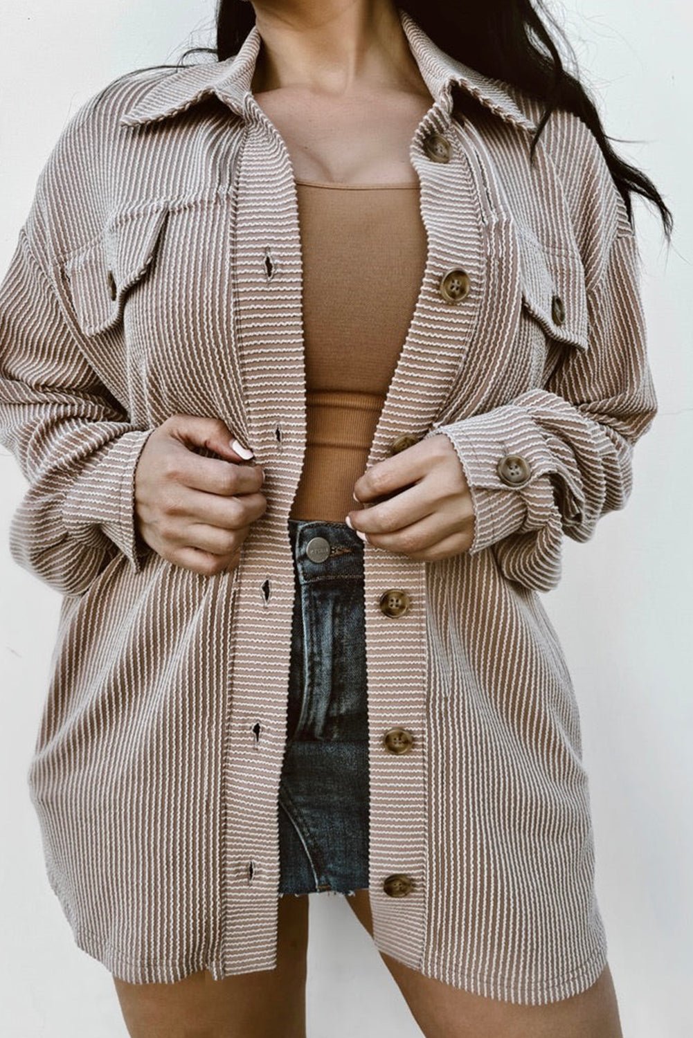 Crowned Energy CO. Smoke Gray / 1X / 75%Polyester+20%Viscose+5%Elastane Dear-Lover Dropshipping Plus Size/Plus Size Outerwear Smoke Gray Solid Corded Drop Shoulder Plus Size Shacket