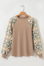 Smoke Gray Waffle Aztec Patchwork Raglan Sleeve Knit Top - Crowned Energy CO.
