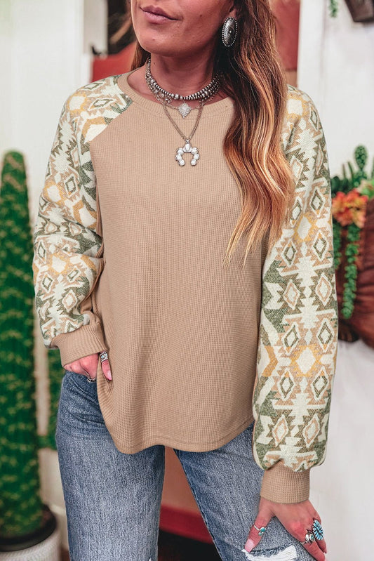 Smoke Gray Waffle Aztec Patchwork Raglan Sleeve Knit Top - Goddess Vibes