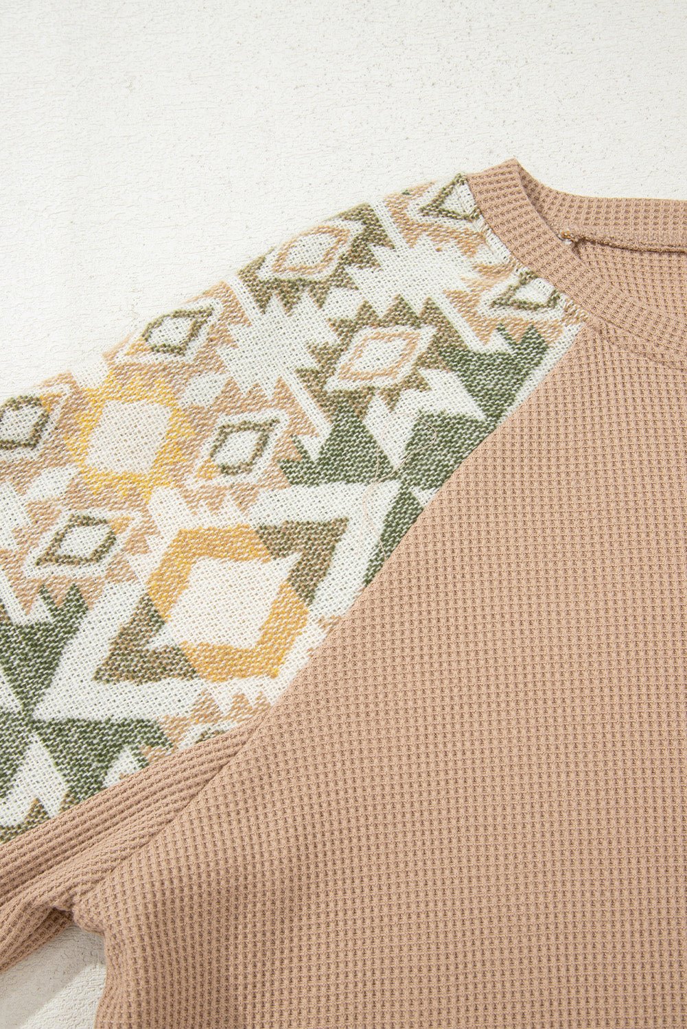Smoke Gray Waffle Aztec Patchwork Raglan Sleeve Knit Top - Crowned Energy CO.