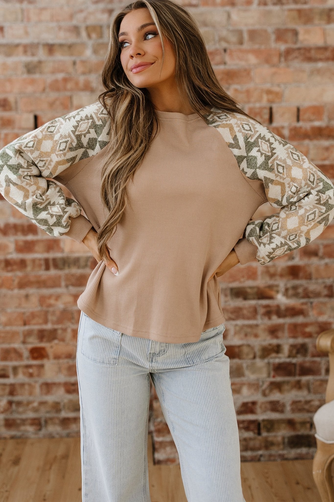 Smoke Gray Waffle Aztec Patchwork Raglan Sleeve Knit Top - Crowned Energy CO.