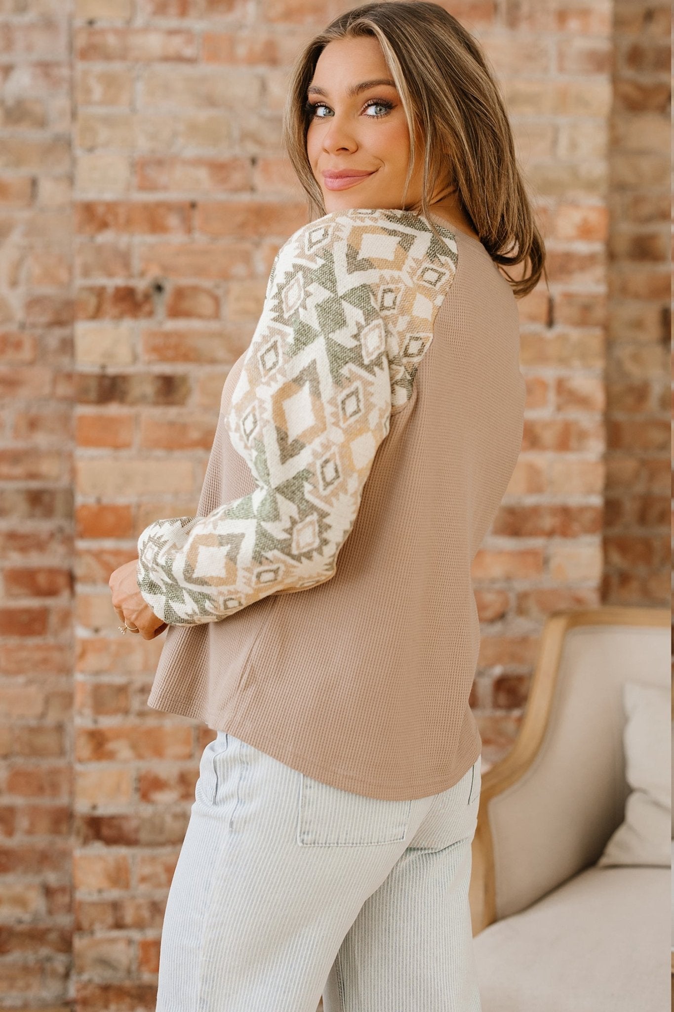 Smoke Gray Waffle Aztec Patchwork Raglan Sleeve Knit Top - Crowned Energy CO.