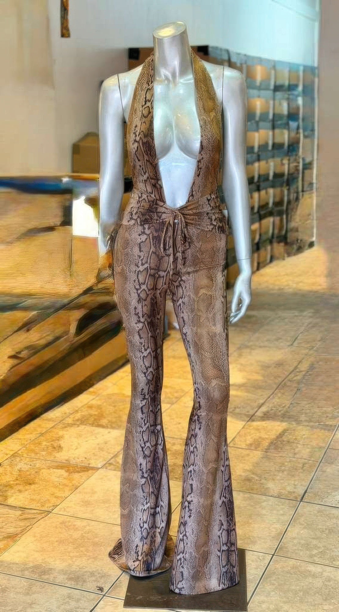 Snake Print Tie Open Back Jumpsuit - Crowned Energy CO.