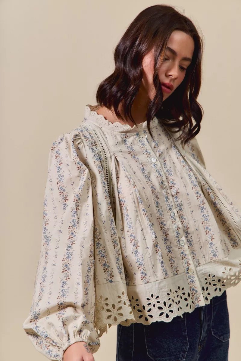 SO ME Floral Print Lace Button Down Shirt - Goddess Vibes