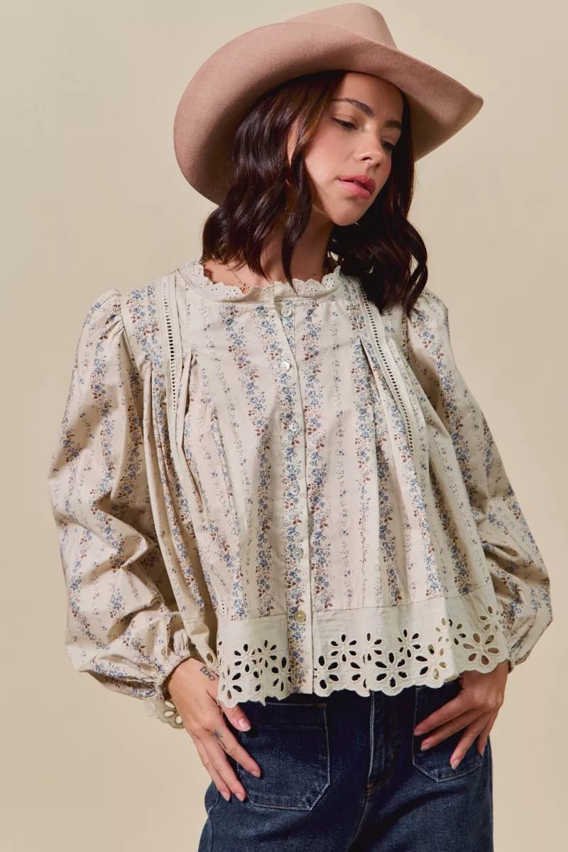SO ME Floral Print Lace Button Down Shirt - Goddess Vibes