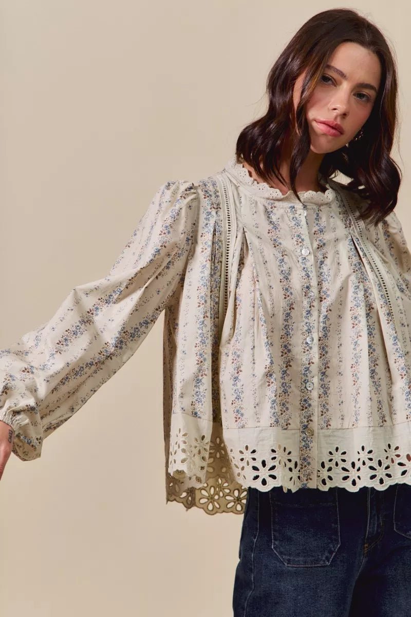 SO ME Floral Print Lace Button Down Shirt - Goddess Vibes