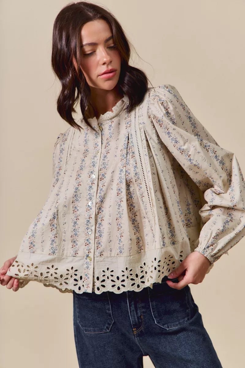 SO ME Floral Print Lace Button Down Shirt - Goddess Vibes