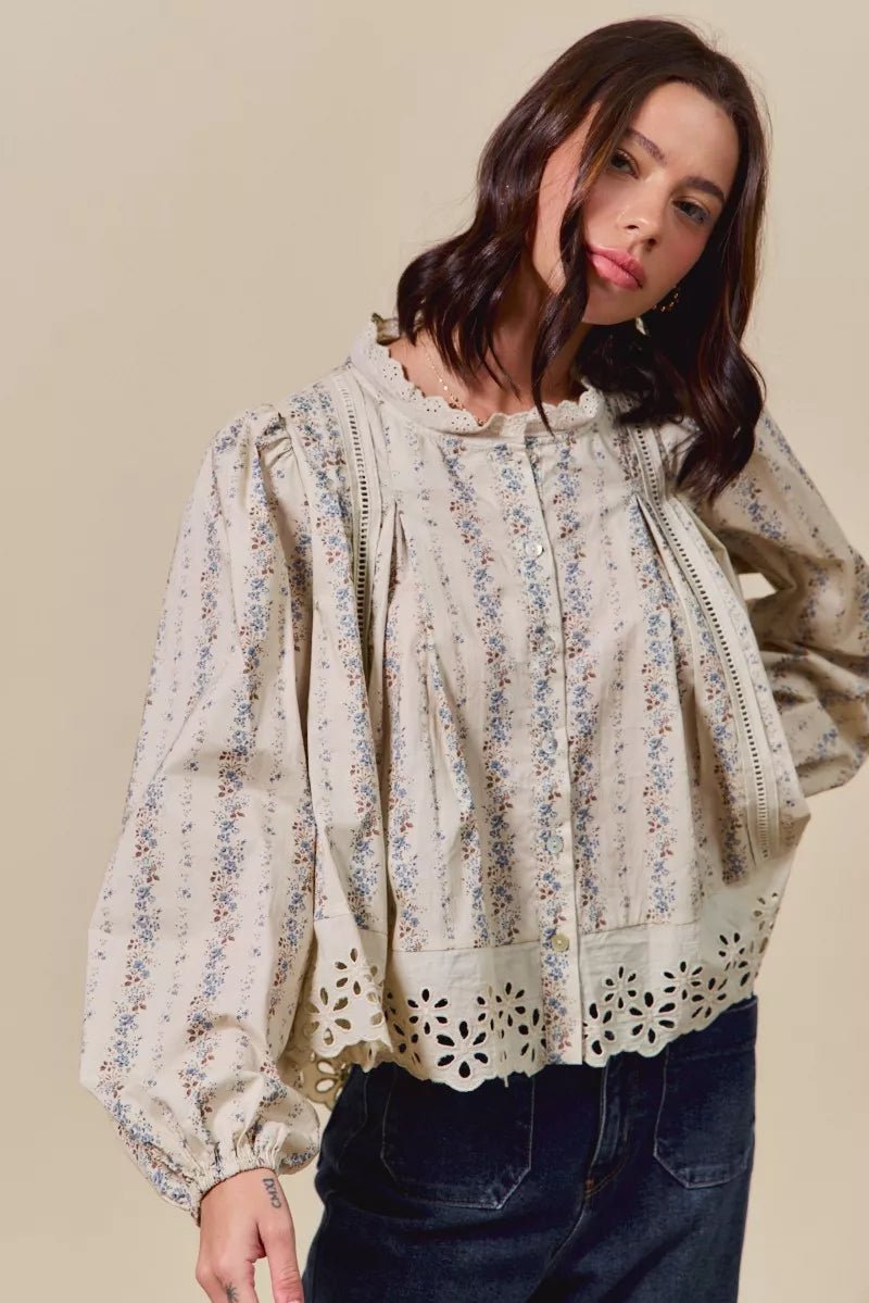 SO ME Floral Print Lace Button Down Shirt - Goddess Vibes