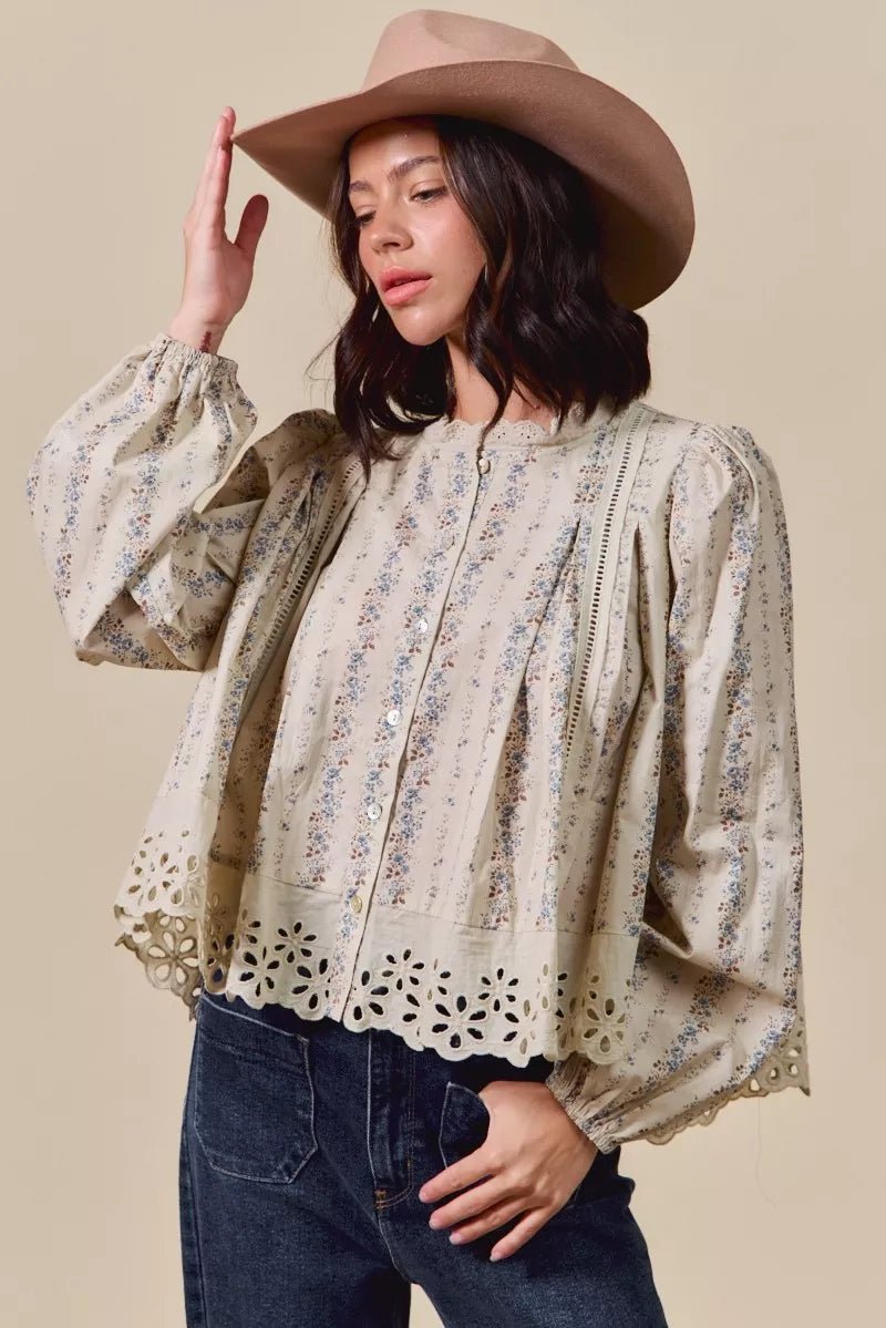 SO ME Floral Print Lace Button Down Shirt - Goddess Vibes