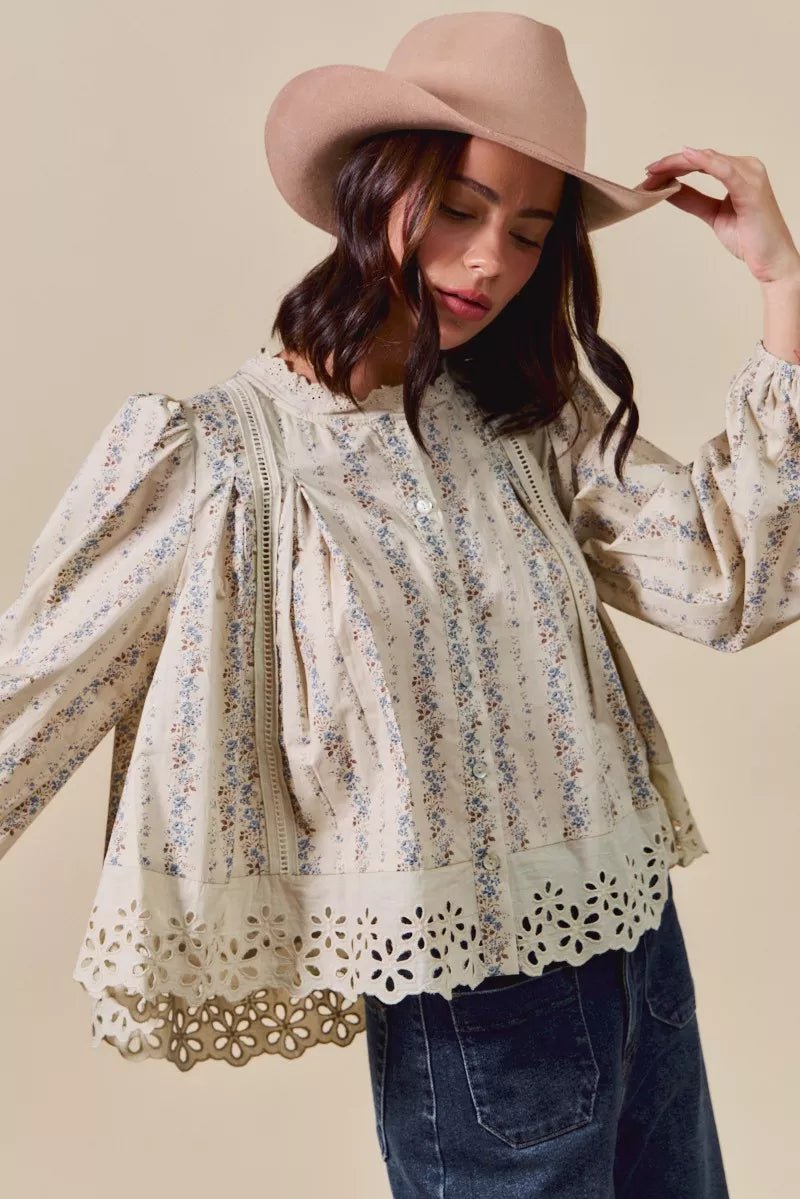 SO ME Floral Print Lace Button Down Shirt - Goddess Vibes