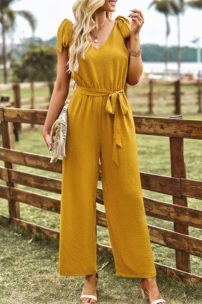 Solid Belt V Neck Wide Leg Fit Jumpsuit - Goddess Vibes
